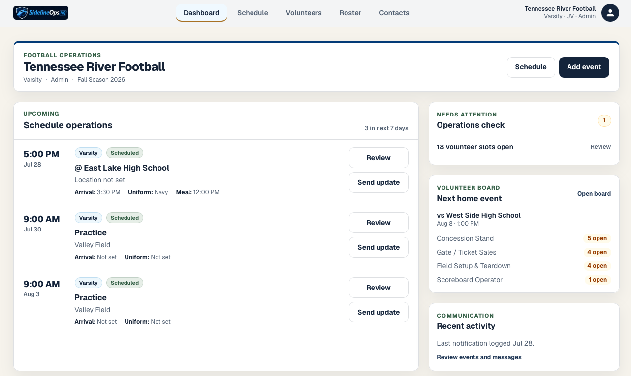 SidelineOps HQ dashboard showing schedule operations, volunteer board, and recent communication activity