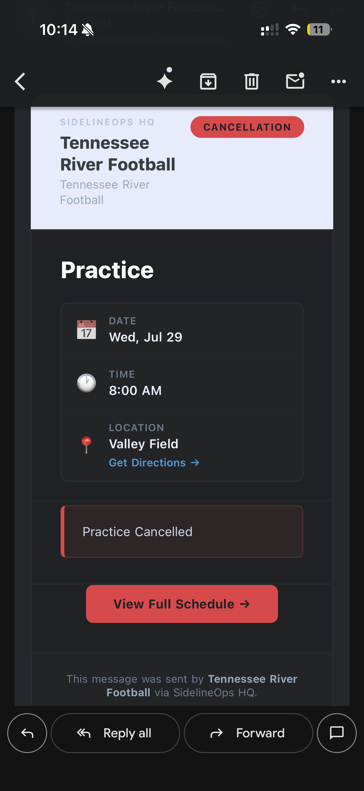 Cancellation email from SidelineOps HQ showing cancelled practice details and schedule link