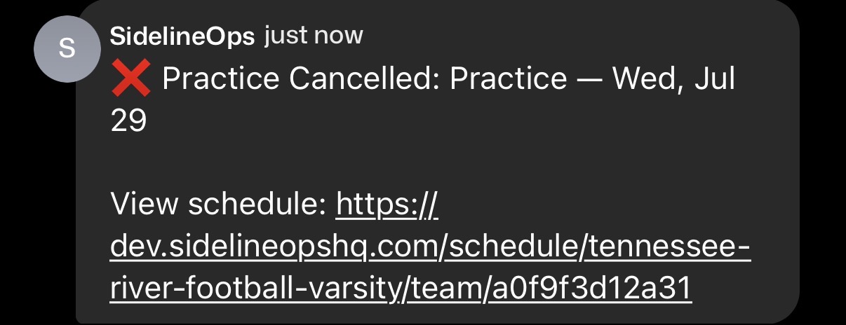 GroupMe cancellation announcement sent by SidelineOps with a schedule link